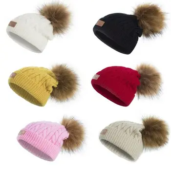 Модная шапка для мальчика и девочки, зимняя теплая вязаная крючком шапочка, детские шапки, большой комок шерсти для девочек, берет, кепка, аксессуары для детей