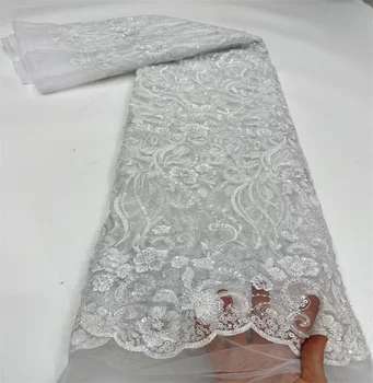 Новейшая Белая африканская кружевная ткань 2024 года, Высококачественная вышивка жениха пайетками Для женщин, Сетчатая ткань для свадебного платья, 5 ярдов