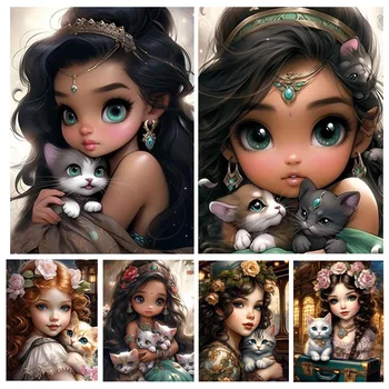 Новые наборы для алмазной живописи Big Eyes Princess With Cat, Мультяшная девочка-животное, Сделай сам, Полная Квадратная круглая алмазная мозаика, декор для вышивки