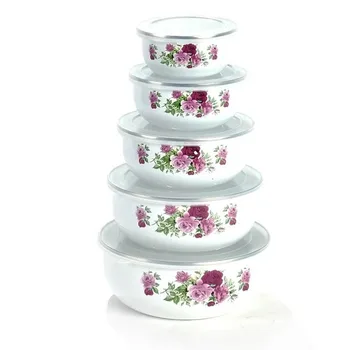 5 шт./ набор эмалированных мисок, креативные эмалированные чаши с цветами и животными, салатницы с пластиковыми крышками для домашней кухни
