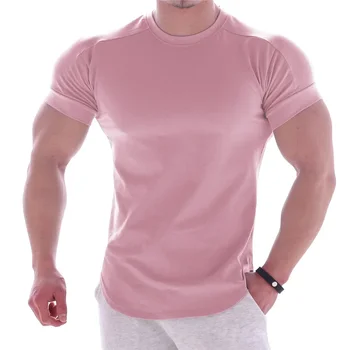 A3165, мужские летние футболки, высокоэластичные облегающие футболки, мужские быстросохнущие футболки с изогнутым подолом, однотонные футболки 3XL