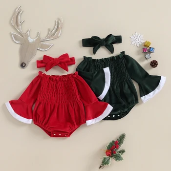 Бархатный комбинезон для новорожденных девочек 0-18 м, Рождественский комбинезон контрастного цвета с рюшами и милая повязка на голову, комплект из 2 предметов для малышей