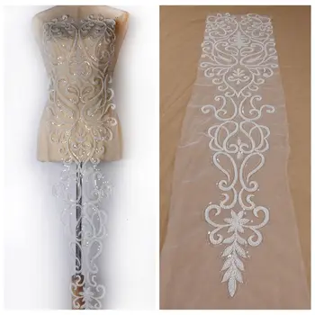 Белое, серебряное, расшитое бисером, с пайетками, кружевная вышивка, свадебное платье, платье для танцев, женская нашивка на ткань, кусок