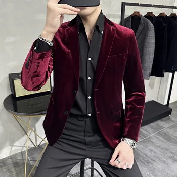 Весенний роскошный бархатный пиджак 2023, мужской высококачественный деловой повседневный пиджак, однотонный свадебный блейзер для жениха Masculino