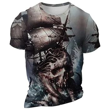 Винтажная футболка для мужчин, футболки с изображением корабельного черепа, футболки с 3D-печатью, футболки с коротким рукавом, повседневная мужская одежда большого размера, топы, уличная одежда