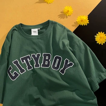 Винтажные футболки с американскими буквами, Уличная мода, топы оверсайз, Мужские И женские Темно-зеленые хлопковые футболки, хип-хоп Бренд, Повседневные Летние