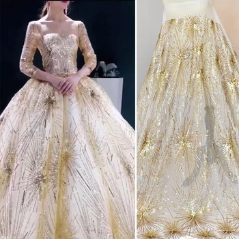 высококачественная кружевная ткань с вышивкой золотыми блестками, свадебное платье, тюлевая юбка, ткани для пэчворка, kumas telas por metros