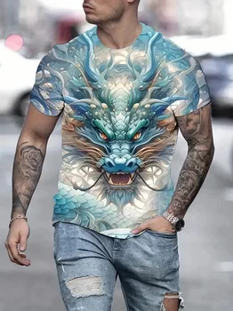 Горячая распродажа, Мужская футболка с коротким рукавом, 3D принт дракона, большой размер, животный узор, Мода, популярная 2024