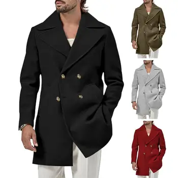 Двубортное пальто с карманами, мужское двубортное пальто средней длины с теплыми карманами, плотное однотонное зимнее пальто на осень