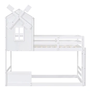 Двуспальная двухъярусная кровать с крышей и окном, с перилами и лестницей, белая