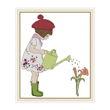 Девушка поливает цветы 2 набора для вышивания крестиком aida 14ct 11ct количество печати холст стежки крестиком рукоделие вышивка DIY handmade