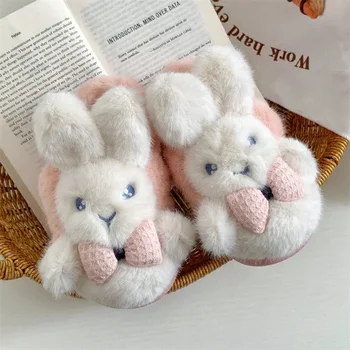 Детские хлопчатобумажные тапочки Осень-зима, новые нескользящие тапочки для девочек с милым мультяшным кроликом, домашние нескользящие тапочки, детская уличная плюшевая обувь