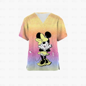 Женская футболка Disney's Mickey Minnie, медицинская (не медицинская) Женский топ-скраб с эластичным V-образным вырезом и принтом с 2 карманами