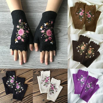 Женские Вязаные крючком перчатки на полпальца с цветочной вышивкой, Вязаные Зимние Варежки без пальцев