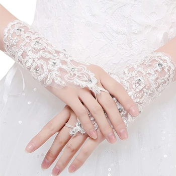 Женские свадебные Перчатки без пальцев, Элегантные Белые Кружевные перчатки Со стразами, свадебные Аксессуары