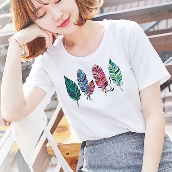 Женские футболки, Хлопковая футболка с геометрическим рисунком из перьев, топы с короткими рукавами, Корейская футболка, футболки в стиле харадзюку