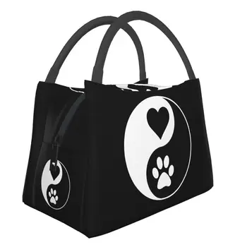 Изолированная сумка для ланча с рисунком лапы и сердца кошки с принтом Инь Ян для женщин, переносной холодильник для животных, Термальная коробка для Бенто, офис в больнице