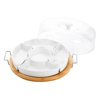 Керамическая Разделенная сервировочная посуда, блюдо с прозрачной крышкой, бамбуковый поднос для закусок с ручками, 5 съемных мисок для закусок 28,5 Х 5 см