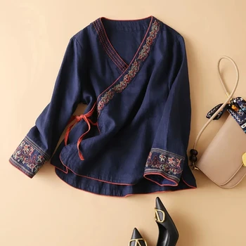 Китайский топ с вышивкой из хлопка и конопли, женская летняя новинка Oriental Hanfu, свободный и удобный топ, китайская рубашка, китайская одежда