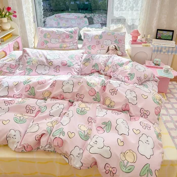Комплект постельного белья с изображением мультяшного кролика и цветка, пододеяльник для детей, простыня, Наволочка, постельное белье из 100% хлопка, Безвредное для кожи