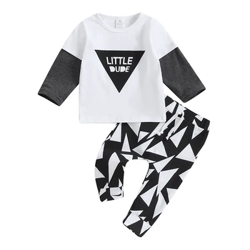 Комплект штанов для маленьких мальчиков, футболка с круглым вырезом и длинными рукавами контрастного цвета с буквенным принтом и геометрическими штанами, одежда для младенцев