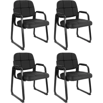 Кресло для гостей в зале ожидания из 4 предметов с подлокотниками, обитыми натуральной кожей, для офисной стойки регистрации и стола для совещаний, черное