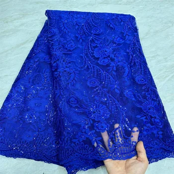 Кружевная ткань с французскими блестками 2024 Королевского синего цвета, Высококачественная 5 ярдов Нигерийская кружевная ткань, Африканский тюль, кружевная ткань для вечернего платья