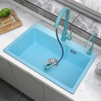 Кухонная кварцевая раковина, синяя вставная раковина, Большая раковина для мытья посуды, гранитный костюм для пруда