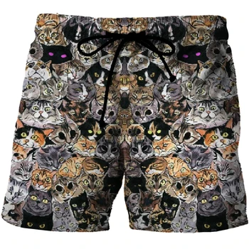 Летние мужские шорты с 3D-принтом в виде милых кошек, быстросохнущие плавательные шорты, Повседневные пляжные брюки Оверсайз, Трендовая мужская одежда