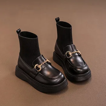 Металлическая цепочка Модные ботинки для девочек и мальчиков из искусственной кожи, вязание в стиле пэчворк, детские носки без застежки, Обувь, Противоскользящие детские ботильоны