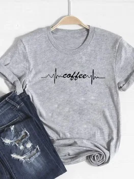 Милая футболка в стиле кофейных букв, базовая одежда, женская одежда, футболка с принтом, Летний топ, модная футболка с коротким рукавом и рисунком.