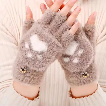 Милые зимние теплые перчатки без пальцев для женщин и девочек, пушистый медведь, кошка, плюшевая лапа, коготь, перчатки на полпальца, варежки, подарки в корейском стиле??