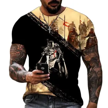 Модные 3D винтажные футболки Crusaders для мужчин с принтом рыцарей, Самурайские топы с коротким рукавом, футболка с черепом, одежда Оверсайз