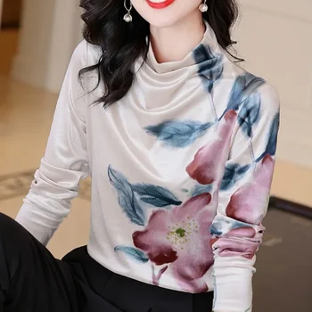Модные весенне-осенние элегантные топы с высоким воротником и принтом, Женская одежда, Корейские тонкие пуловеры с длинным рукавом, футболки