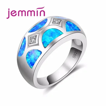 Мужские кольца Серебро 925 Пробы Щедрый Дизайн Серебряное кольцо с австрийским кубическим стразами Для женщин Голубой Опал Огненный Кристалл
