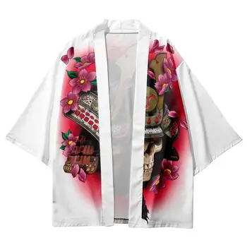 Мультяшный Череп Самурая С белым принтом Японская пара Юката Женщины Мужчины Кимоно Кардиган Пляжные шорты Повседневная Азиатская одежда Harajuku