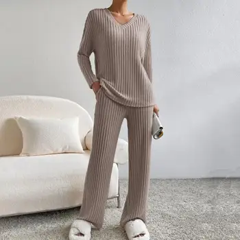 Мягкий пижамный комплект, уютный вязаный свитер и брюки с карманами с V-образным вырезом для осенне-зимней домашней одежды, пижамный комплект из рубчатого трикотажа