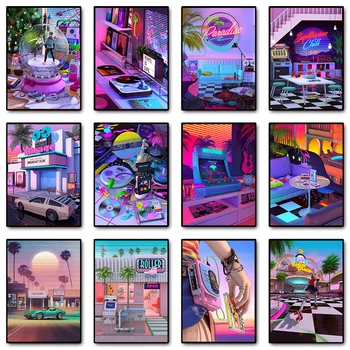 Неоновый футуристический плакат с виртуальным миром, Виниловый музыкальный игровой контроллер, картина на холсте, ретро-настенные рисунки, Домашний Клубный декор