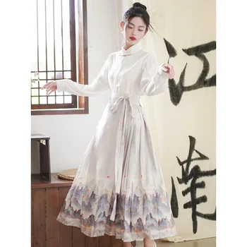 Новая китайская юбка с лошадиной мордой Улучшенная Белая рубашка Hanfu Комплект Mamianqun Традиционное Модное Элегантное платье с принтом Cheongsam