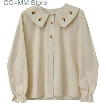 Новые рубашки с цветочным принтом для корейской моды, блузки с воротником Питер Пэн, офисные женские топы с длинными рукавами