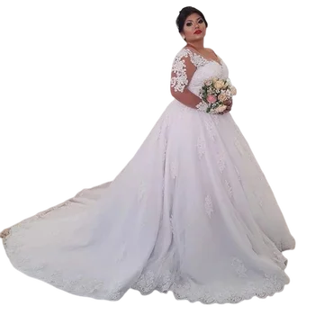 Новый овальный вырез, большие размеры, кружевные аппликации, свадебные платья, шлейф, Vestido Novia, Платья невесты со шнуровкой сзади, длинные рукава,