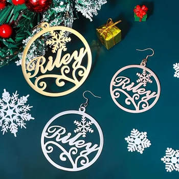 Новый Рождественский подарок Именные серьги на заказ из 18-каратного золота с кольцом из нержавеющей стали, персонализированные снежные серьги для женщин и девочек