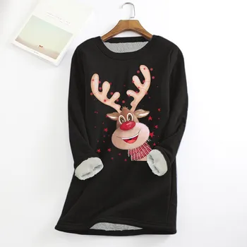 Осенне-зимняя женская рождественская футболка 2023 года, теплый свитер с длинными рукавами и меховым воротником, пуловер с принтом оленя, мультяшный свитер