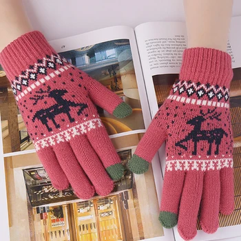 Перчатки с рождественским рисунком Лося, зимние теплые варежки с сенсорным экраном, вязаные ветрозащитные перчатки с полными пальцами, унисекс ручной работы, парные варежки