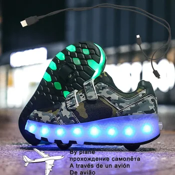 Размер 27-38 Кроссовки со светодиодными колесами для детей и взрослых, заряжающиеся через USB, светящиеся роликовые туфли с подсветкой, двойные колеса, детская обувь для катания на коньках
