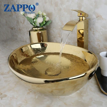 Раковина ZAPPO Luxury Gold Vessel Раковина Керамическая Раковина для ванной комнаты Над прилавком Смеситель для умывания Комбинированный с смесителями Для слива раковин