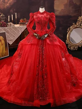 Свадебные платья с длинным рукавом Для женщин, винтажные свадебные платья с красными кружевными аппликациями, бальное платье со шлейфом длиной 1,3 м, Vestido De Novia