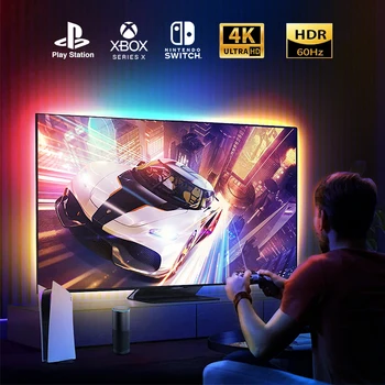 Светодиодная подсветка Телевизора, совместимая с HDMI, Которая синхронизируется с Оформлением ТВ-комнаты 4K Неоновыми светодиодными Гибкими RGB-лампами Игровой комнаты Wifi Bluetooth Alexa