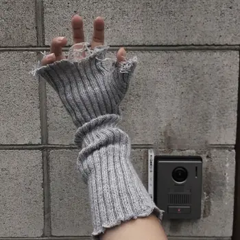 Трикотажная перчатка с манжетами для рук, черные бежевые однотонные перчатки с длинными запястьями, без пальцев, сломанные фасоны, рукавицы для локтя, теплые на открытом воздухе