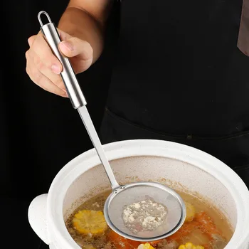 Шумовка с мелкой сеткой из нержавеющей стали с отверстием для подвешивания, удлиненная ручка, многоцелевой фильтр для супового масла, кухонные принадлежности для приготовления пищи